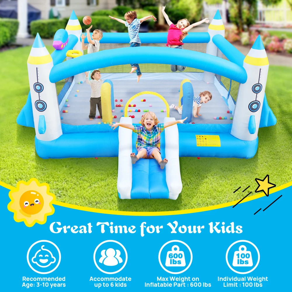 Multifunctional Jump 'n Slide Inflatable Bouncer for Kids Complete Setup with Blower 198" X 180" Play Area - 96" Tall