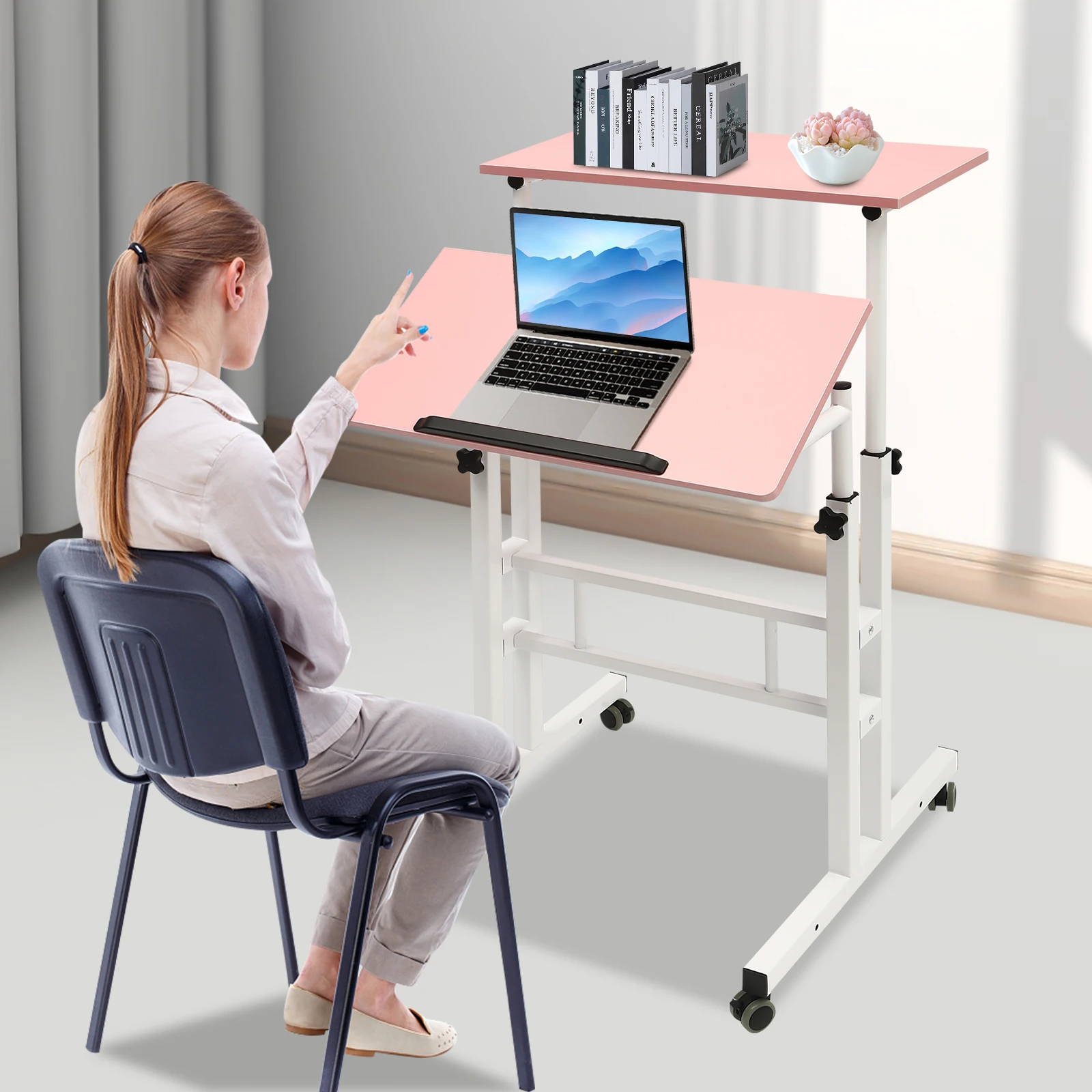 

Mobile Height & Desktop Adjustable Standing Desk Rolling Stand Up Computer Workstation, Portable Sit Table for Bed Couch School