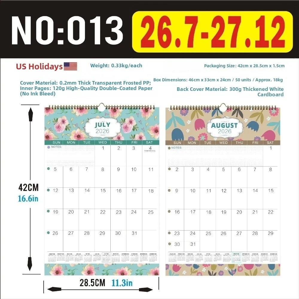 

Thick Paper English Calendar Hook Hanging Holidays Marked Wall Calendar Daily Study July 2026-December 2027 18 Months Calendar