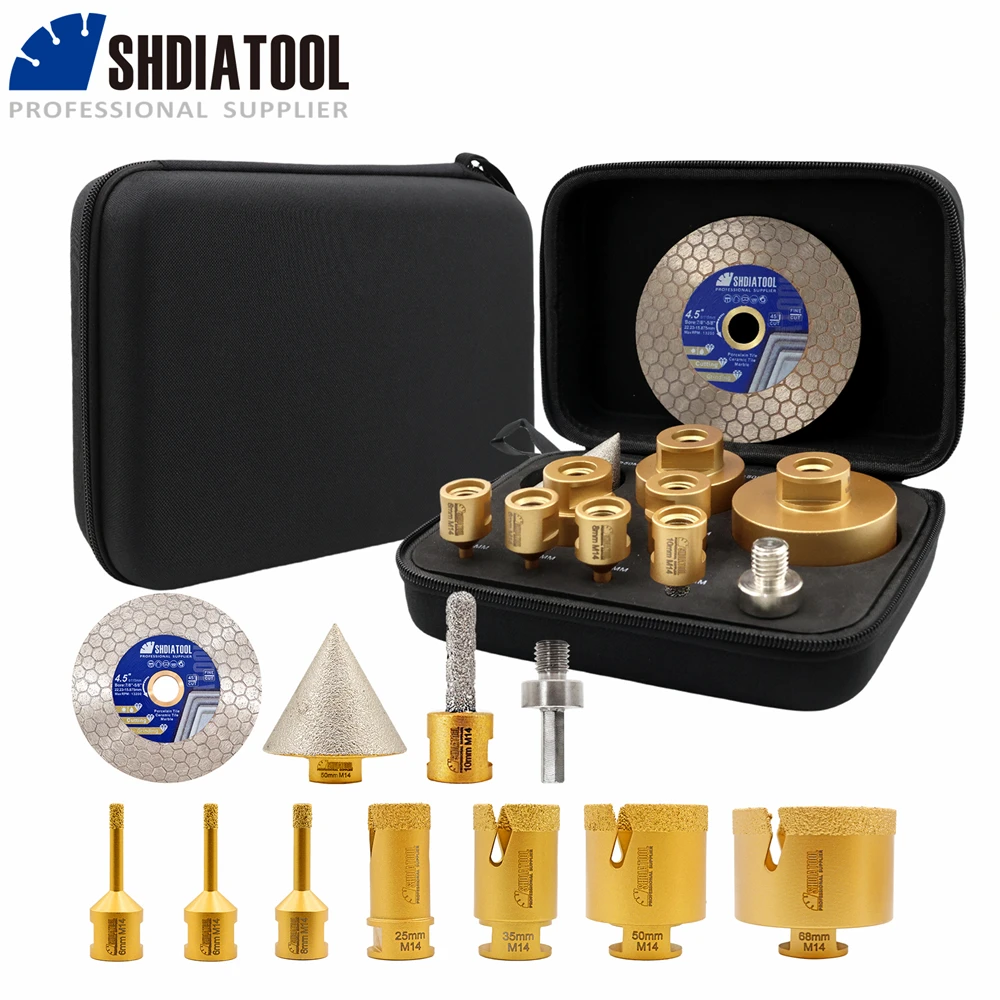 SHDIATOOL 11Pcs Diamond Drill Bit Kit 6/6/8/25/35/50/68mm Hole Saw+10mm Milling Bit+50mm Chamfer Bit+115mm Saw Blade+HEX Adapter
