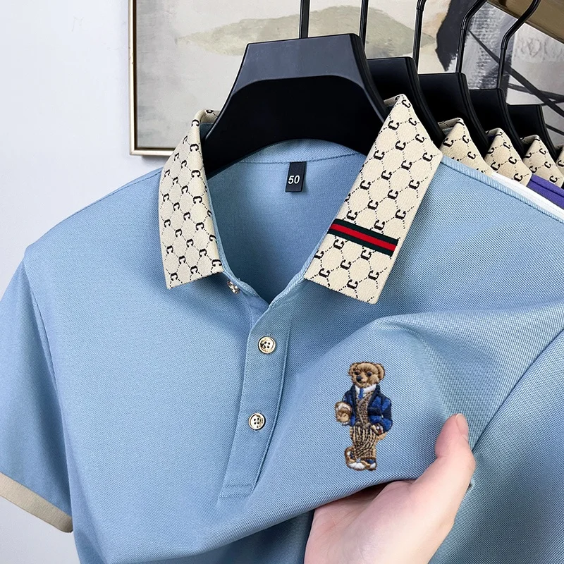 Summer Men's High Quality Polo Shirt Fashion Brand Design Teddy Bear Embroidery Golf Mulberry Silk Business Casual T-shirt