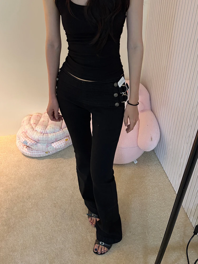 ReddaChic Grunge Double-belt Bootcut Jeans Women Vintage Black Low Rise Tight Stretch Washed Bell Bottoms Napoleon Streetwear