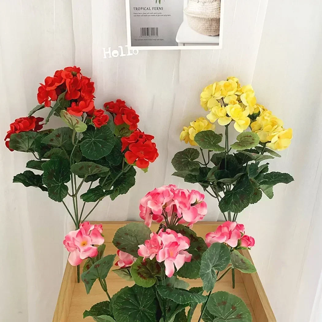 Nuevas flores artificiales, bayonia, geranio, planta de flores falsas, boda, Navidad, sala de estar, decoración de mesa para juegos fotográficos