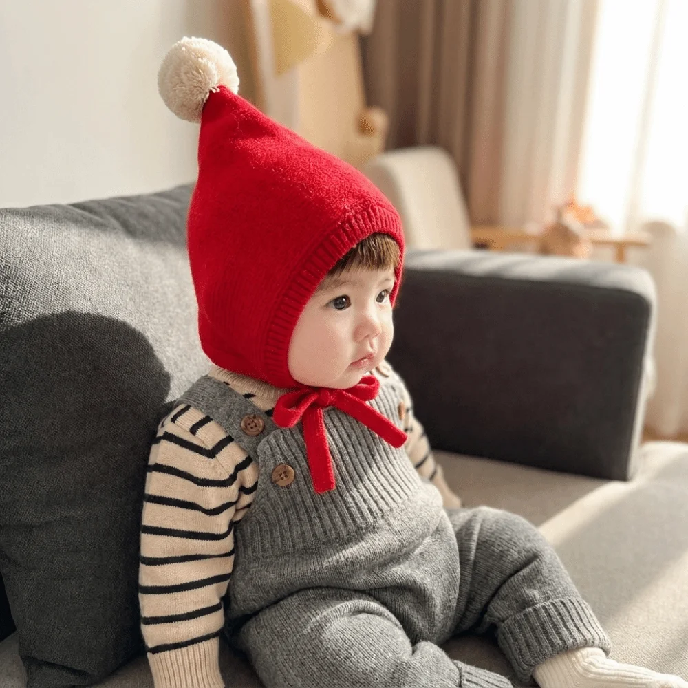 Cute Soft Warm Baby Knitted Hat Ear Protection Pointed Toddler Beanie Ball Pom Pom Infant Bonnet Cap Outdoor