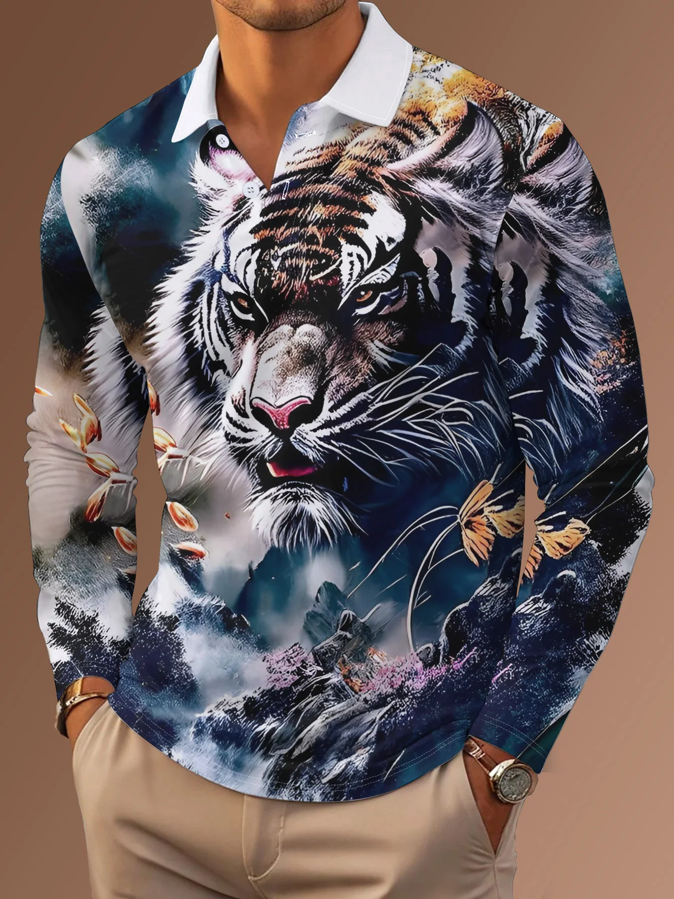 Men Long Sleeve Button Down Shirt Tiger Mountain Landscape Floral Print Polyester Lapel Collar Casual