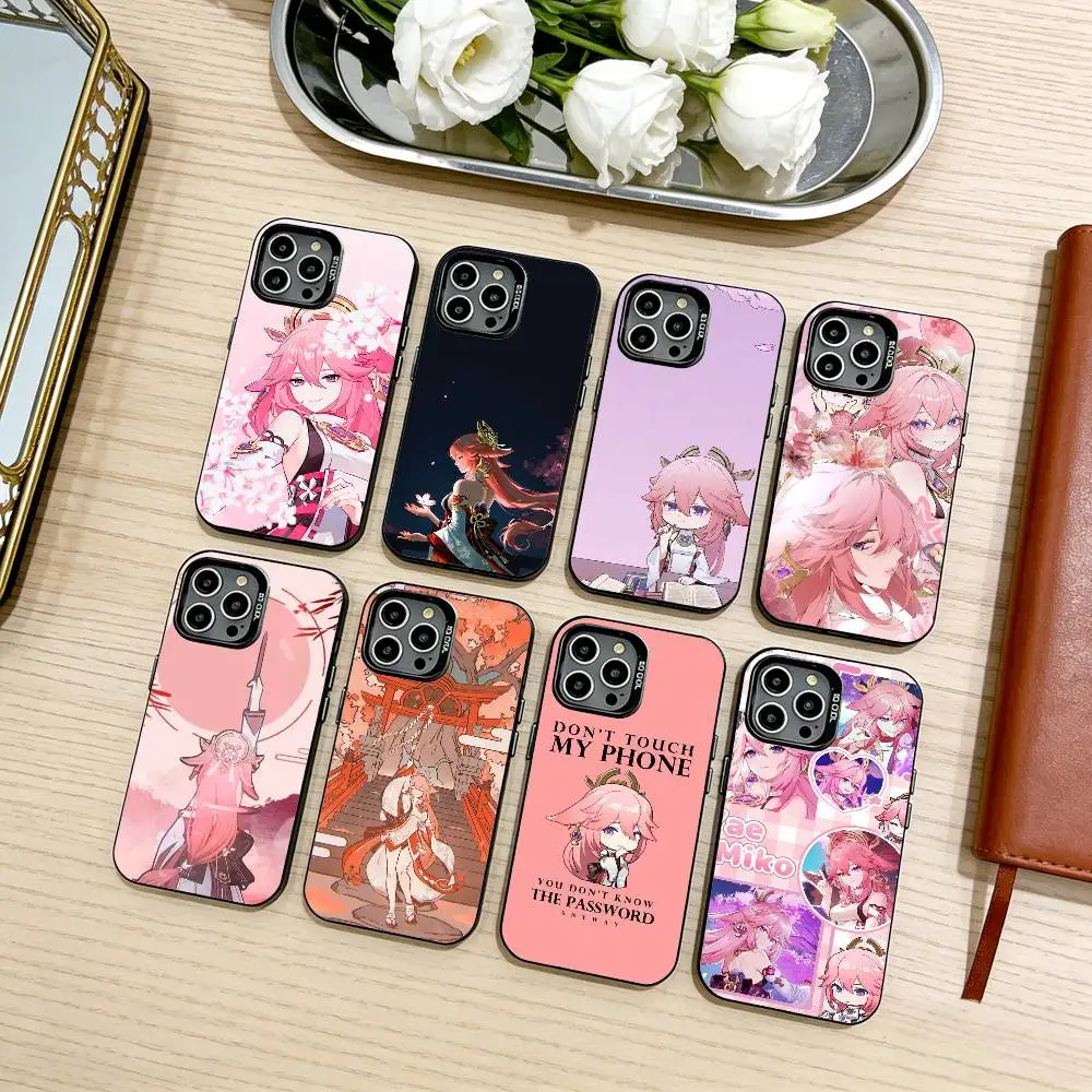

Anime-Game-Genshin-Impact-Yae-Miko Phone Case For iPhone17,16,15,14,13,12,11 Plus,Pro Max Black Candy silver phone case