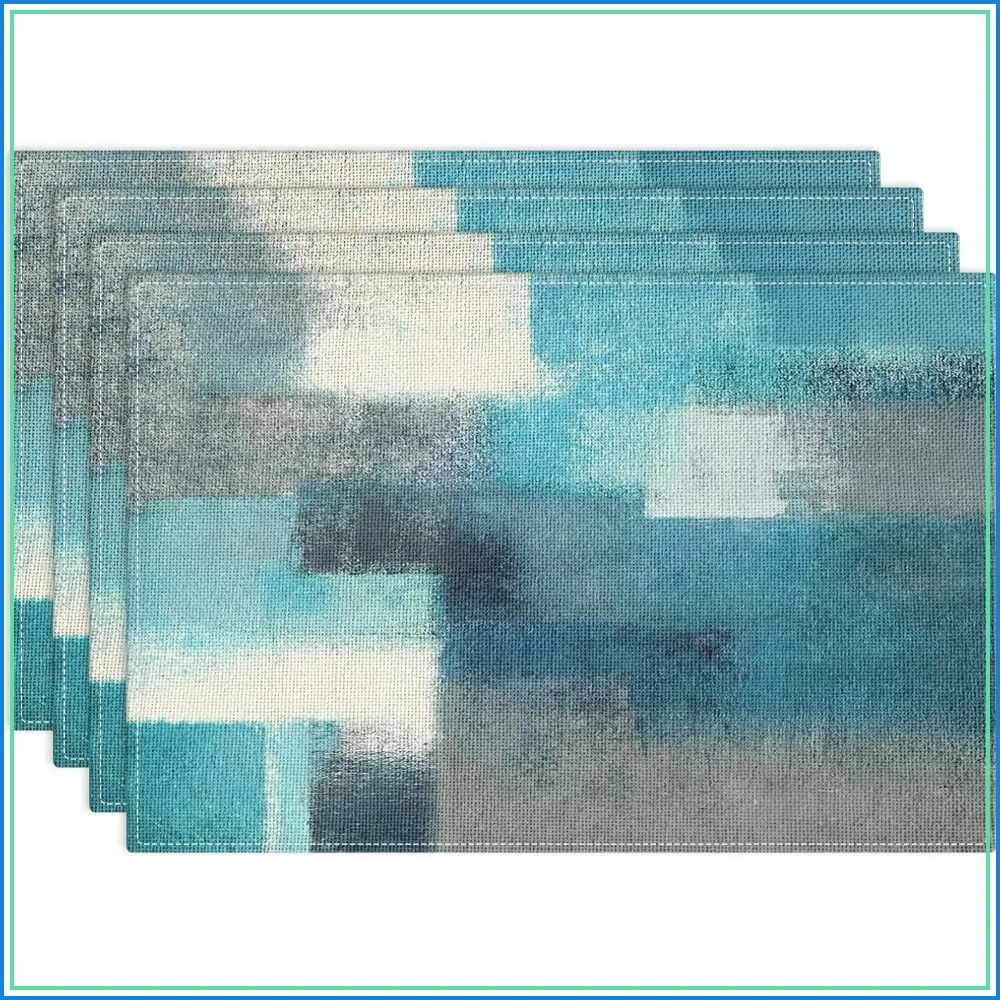 Modern Teal & Grey Abstract Art Placemats Set of 4, 12x18 Inch, Linen Table Mats for Kitchen Dining Party Decoration