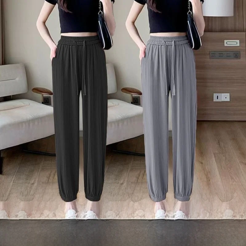 

Женские спортивные брюки из ледяного шелка, свободные, утягивающие, маленького размера, с манжетами, модные брюки-фонарики, комплект из двух предметов, летний наряд