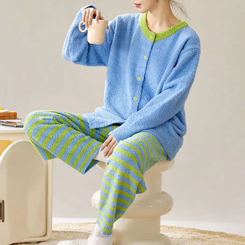 

Осень и зима, новые флисовые утепленные пижамы, женская повседневная одежда для дома, мягкие полосатые пижамы, комплект из 2 предметов, повседневная домашняя одежда, одежда