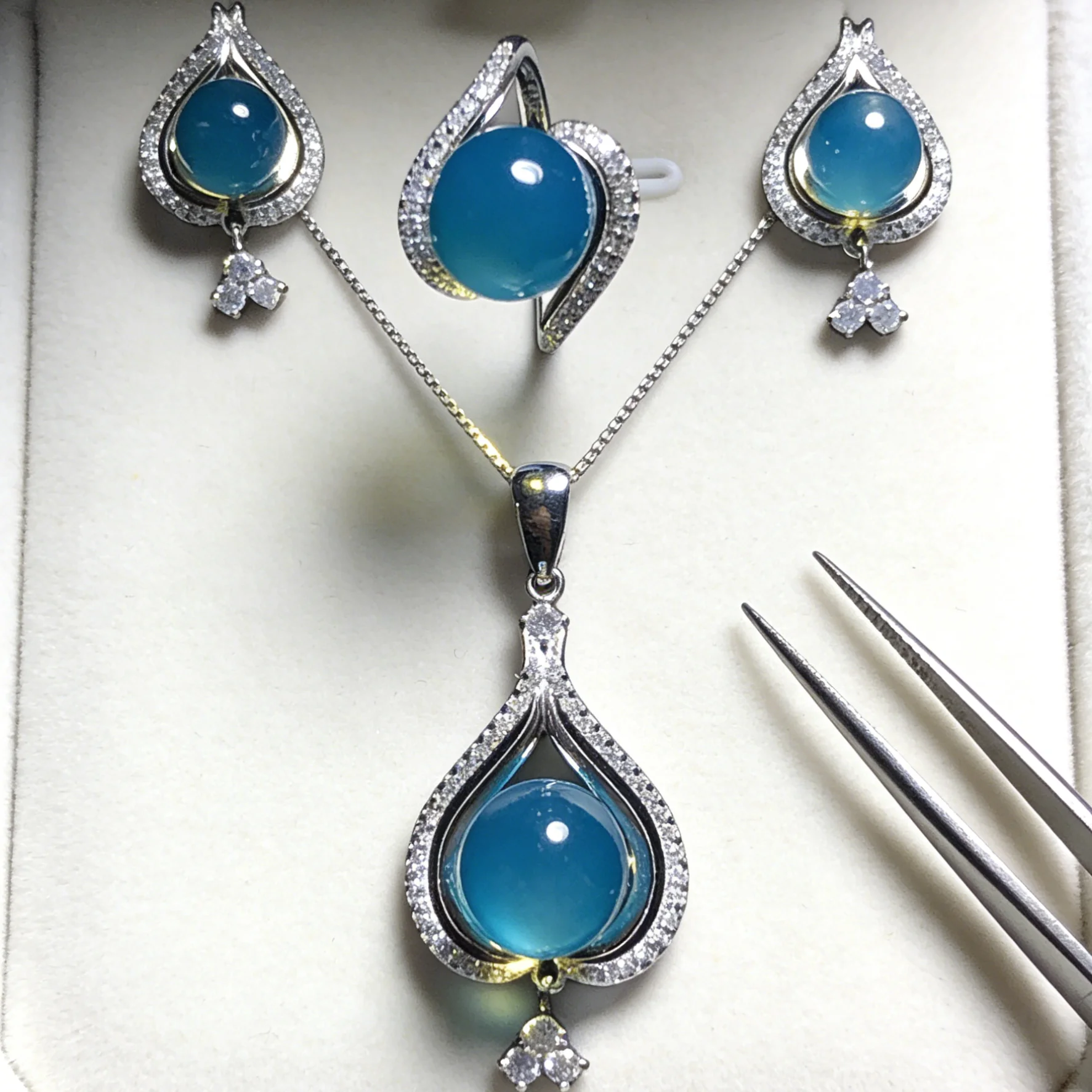 

Mexican Blue Amber Jewelry Set S925 Silver Pendant Earrings Ring for Women Elegant Teardrop Hollow Design Daily Wear
