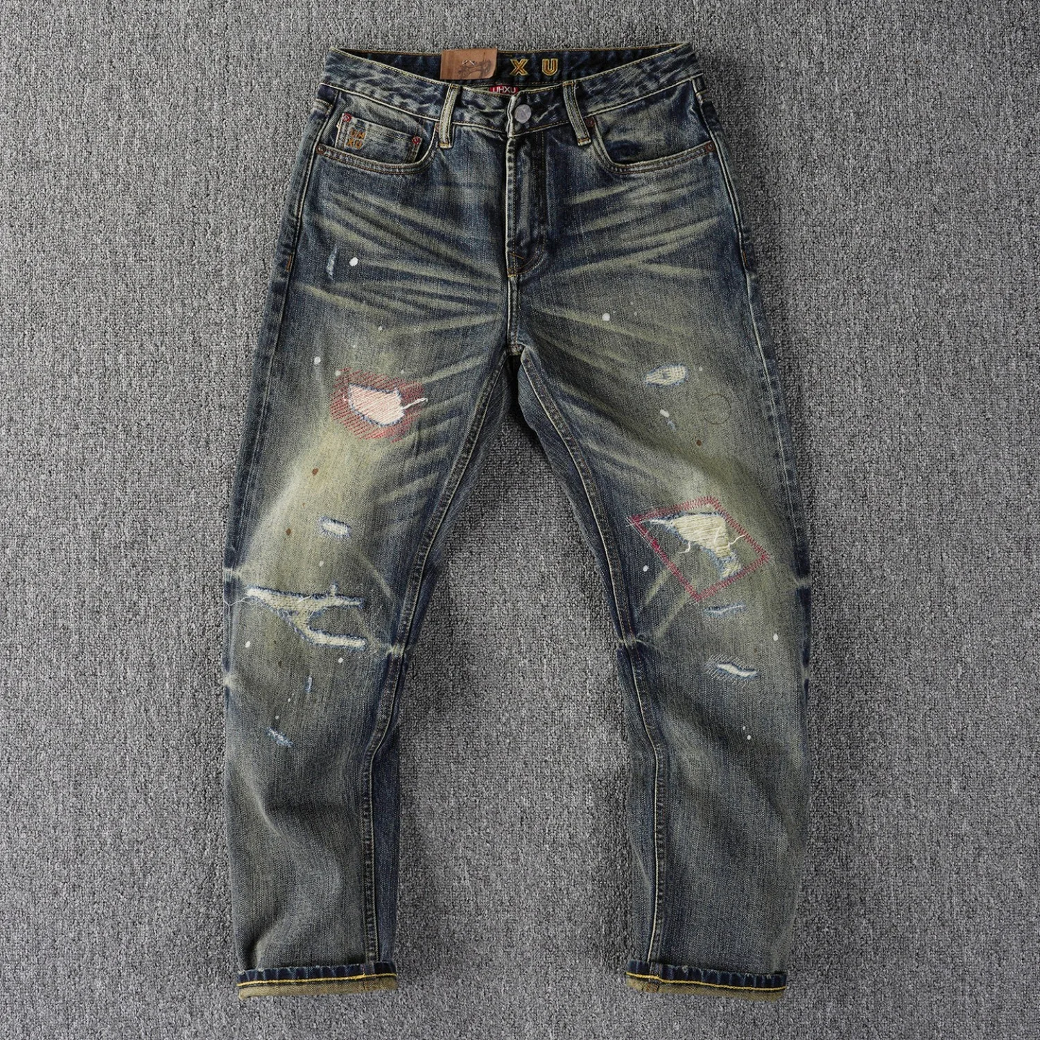 High-end red eared hemmed hole patch splashed jeans men's fit straight heavy washed distressed high street long trousers