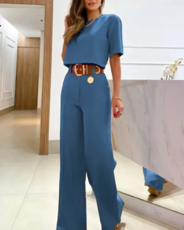 Top corto da donna casual a mezza manica e pantaloni a gamba larga Set 2024 Primavera Estate Solid Office Lady Set da due pezzi Abiti stile coreano