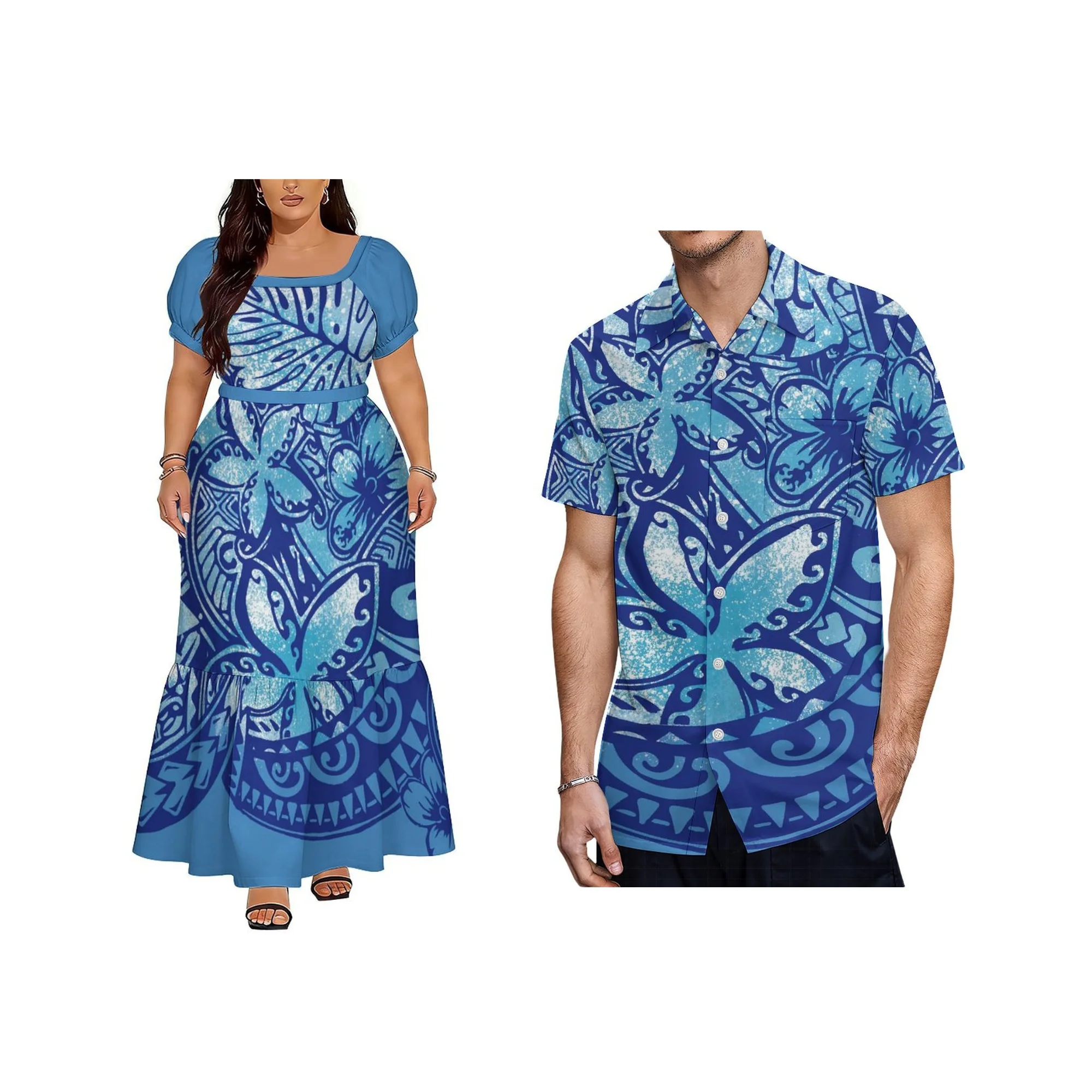 

Custom logo Women Summer Outdoor Beach Skirt Dress Plus Size Samoan Island Polynesian Design Square Neck Lace-up Dress