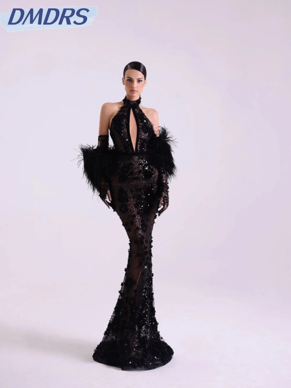 

Illusion Beaded 3D Flower Evening Dresses Without Gloves Luxury Halter Mermaid Long Wedding Party Gown Customized Prom Dress