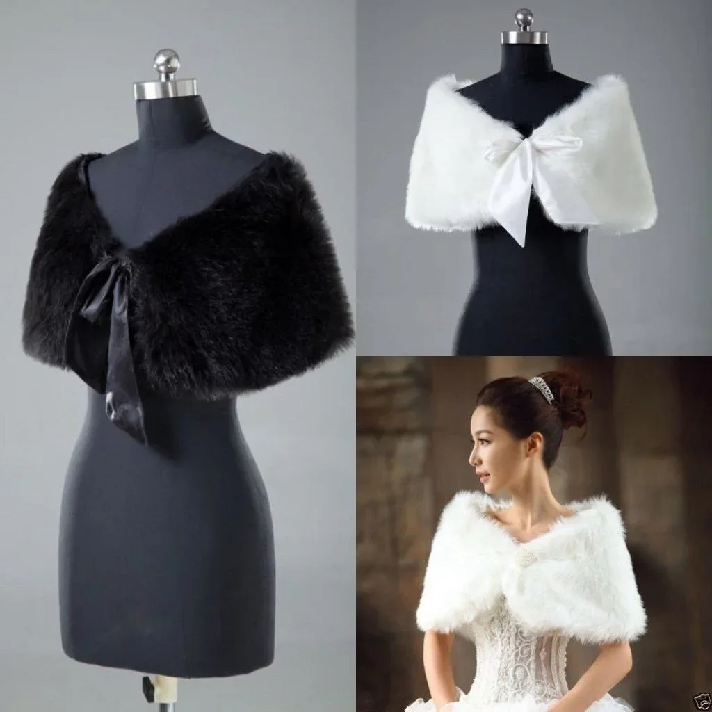 

New Black Ivory Faux Fur Wedding Jacket Wrap Shrug Bolero Bridal Shawl Cape