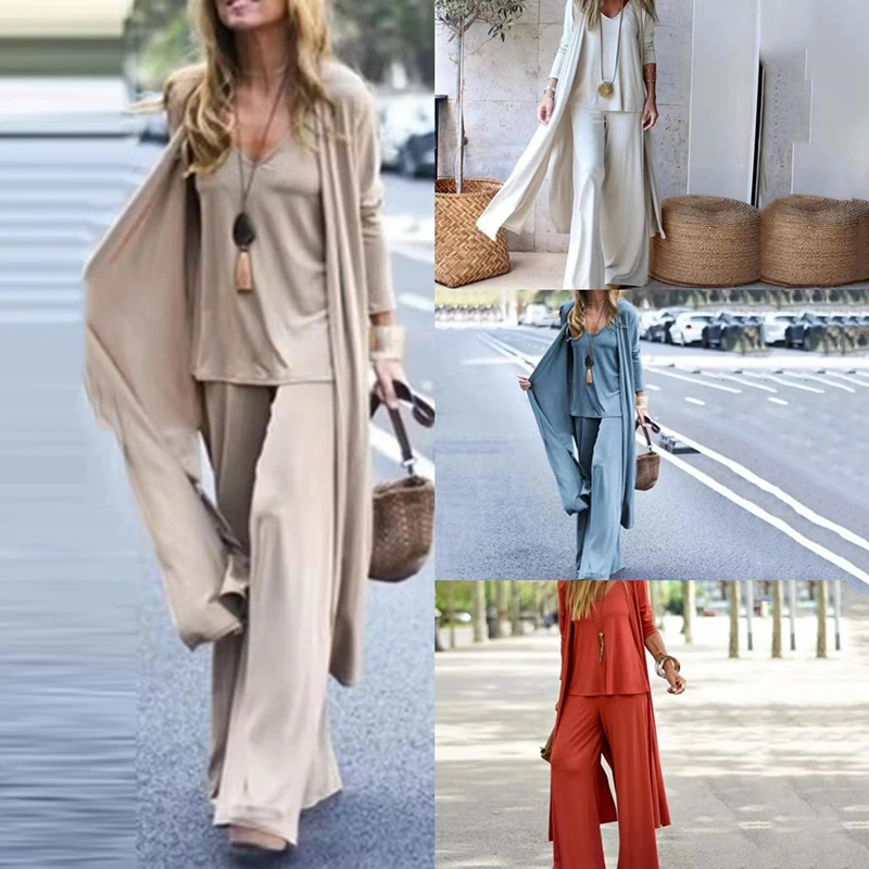 Three Piece Sets Fashion Long Cardigan Cover Up V-Neck Sling Tank Undershirt Whit Straight Pant Suit Causal Loose Solid Sets