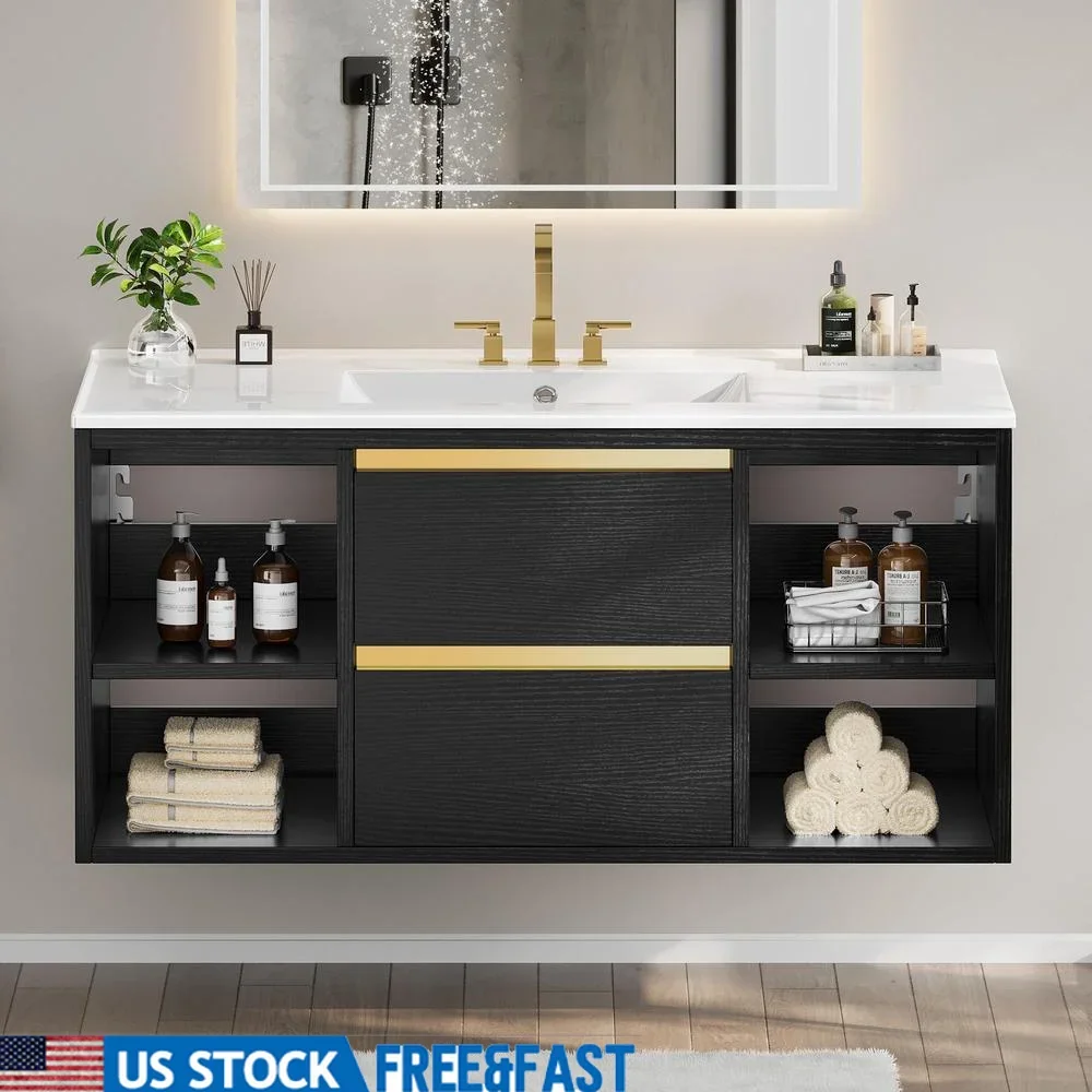 36 Inch Floating Bathroom Vanity with Ceramic Sink 2 Drawers 4 Open Storage Wall Mounted Cabinet