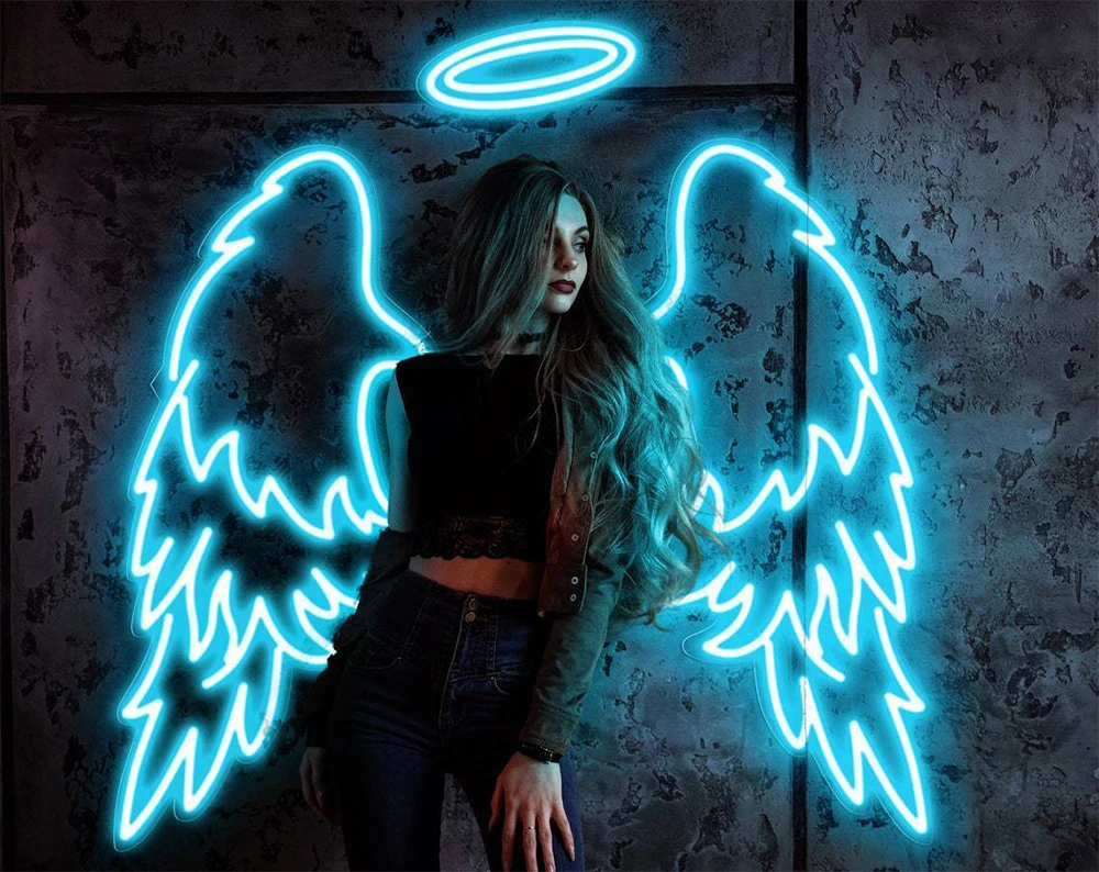 

Custom LED Neon Signs Angel Wings With Halo Night Lights Wedding Party Decor Bedroom Bar Art Wall Decoration Girl Birthday Gift