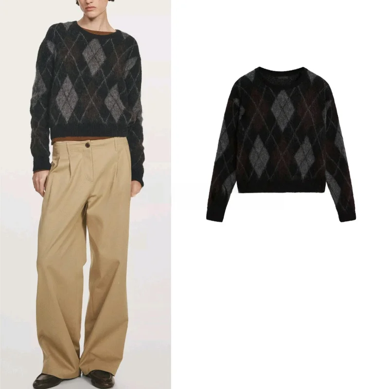 

Ортовая версия с ромбовидным узором в стиле ретро, круглый вязаный свитер Ne Long Sve для женщин, зимнее новое поступление, повседневное волокно из полиэфирного волокна...