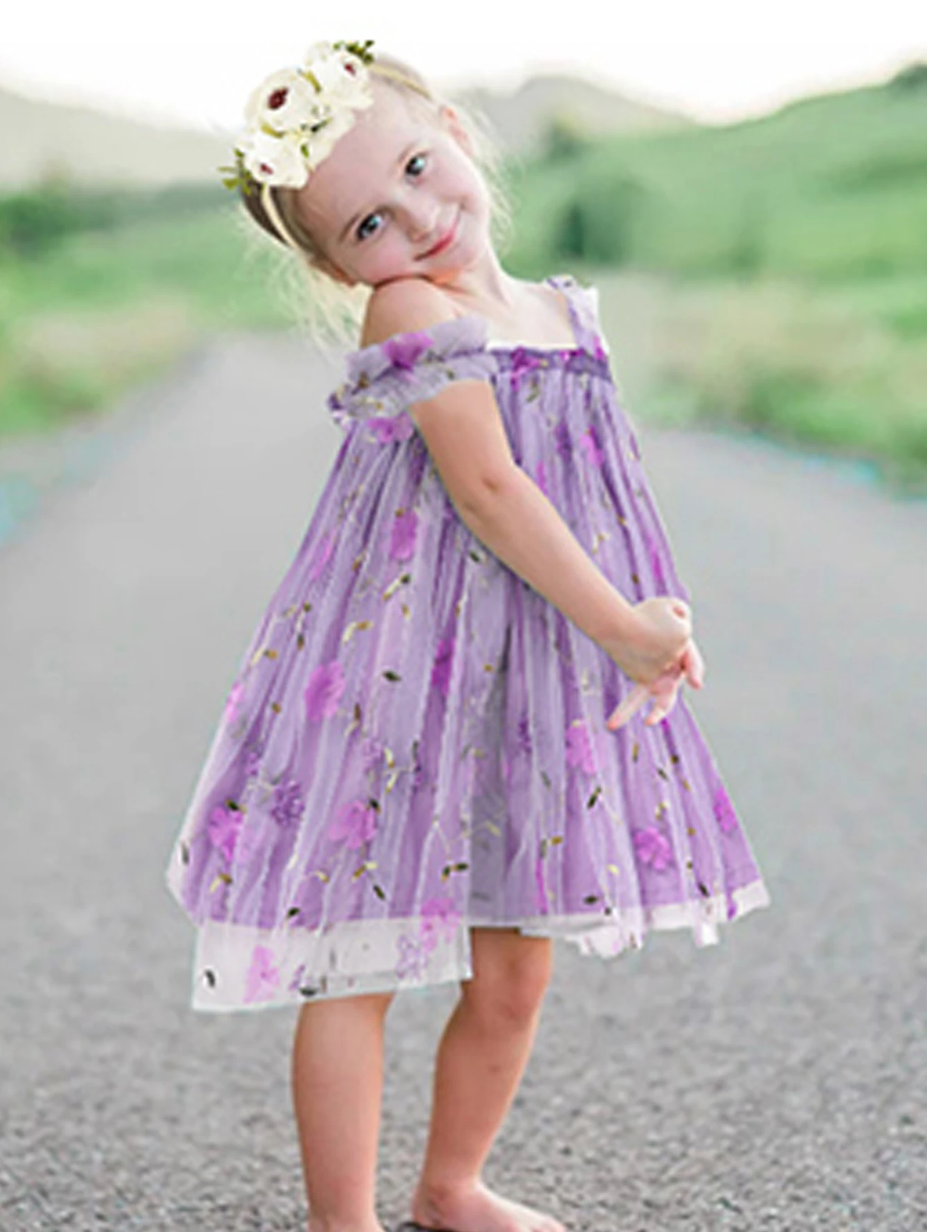 Baby Girls Tutu Dress Sleeveless Lavender Floral Print Layered Tulle Dress Little Princess Birthday Dresses with Flower Headband