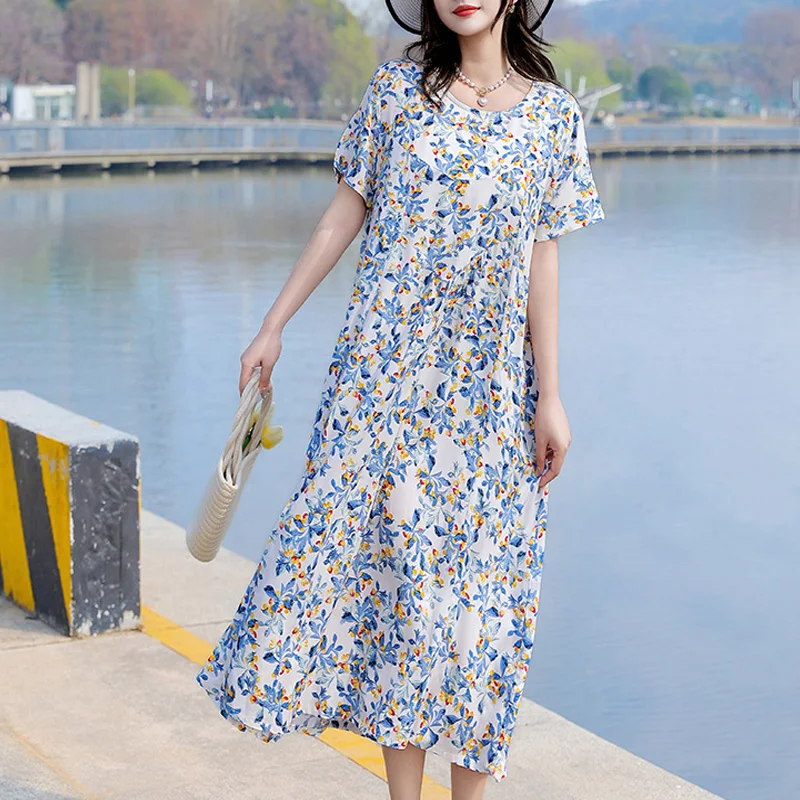 فساتين صيفية عصرية غير رسمية جديدة للنساء 2025 فستان نسائي عتيق أنيق بأكمام قصيرة مطبوع برقبة دائرية ملابس نسائية #4