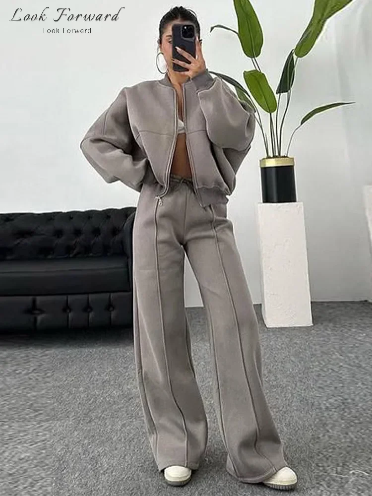 Conjunto de pantalones holgados de cintura alta para mujer, chaquetas Bomber Vintage con cuello redondo y cremallera, ropa deportiva para primavera y otoño, 2025