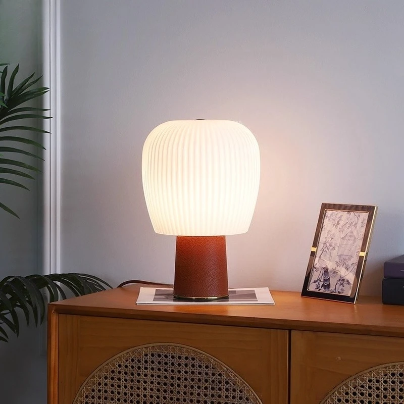 

Italian Cylindrical Iron Art Leather Table Lamps White Acrylic Lampshade Moden Living Room Bedroom Study Restaurant Desk Lights