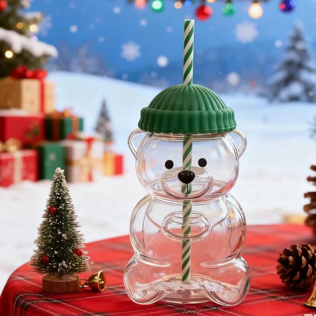 

Christmas Hot Sale Cute Bear Shaped Glass Cup with Green Lid & Striped Straw, Coffee Tea, Novelty Xmas Gift for Kids Friends,