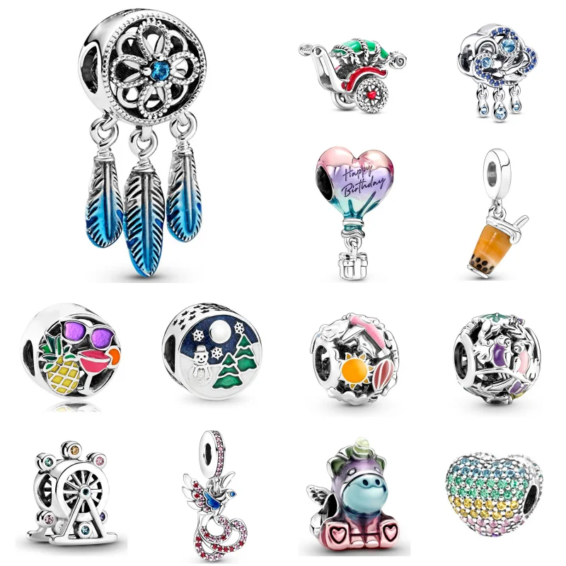 

2024 New 925 Silver Plated Colorful Flower Charm Beads Pendant For Pandora DIY Bracelets Necklaces Keychain Women Jewelry Gift