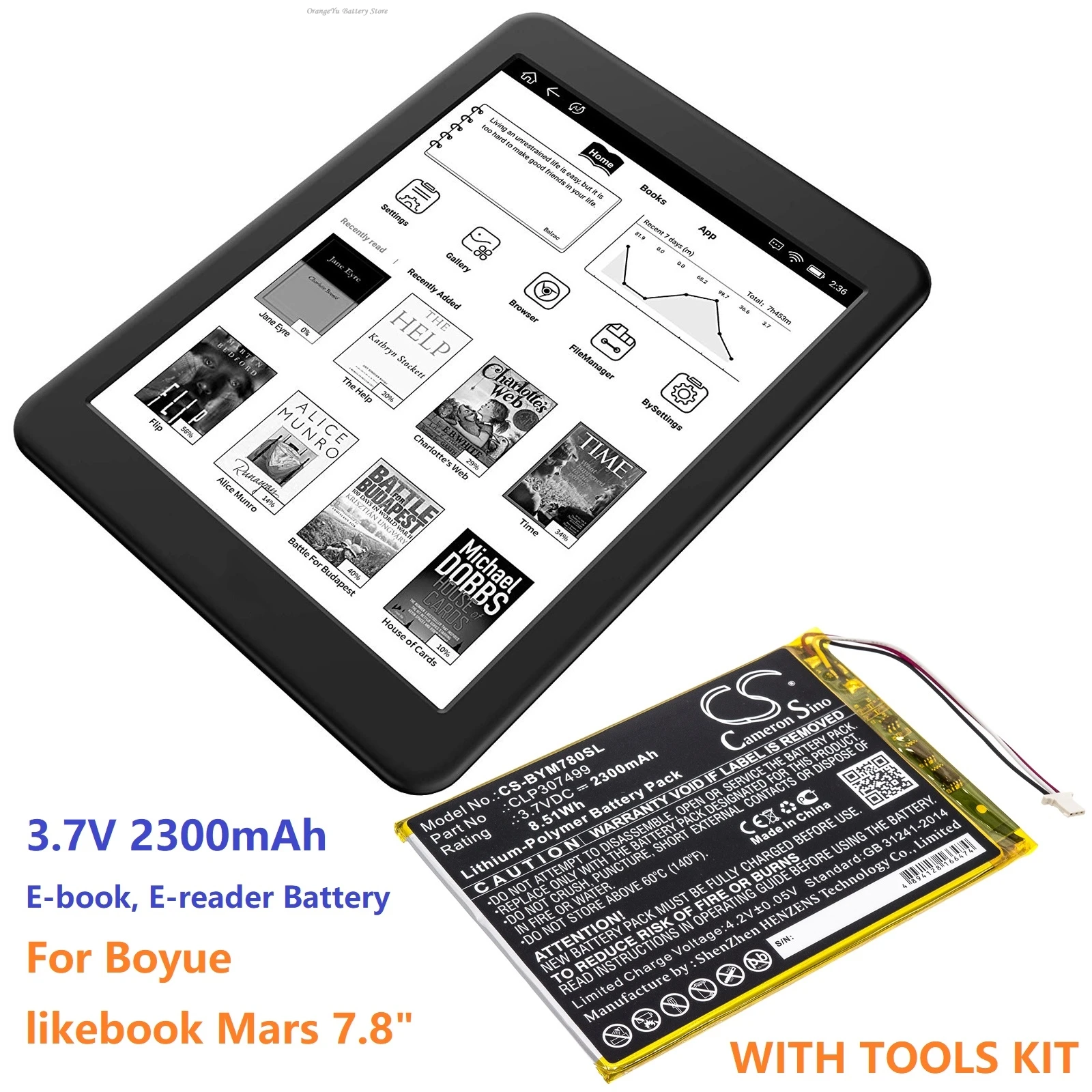 3.7V 2300mAh E-book, E-reader Battery CLP307499 for Boyue likebook Mars 7.8