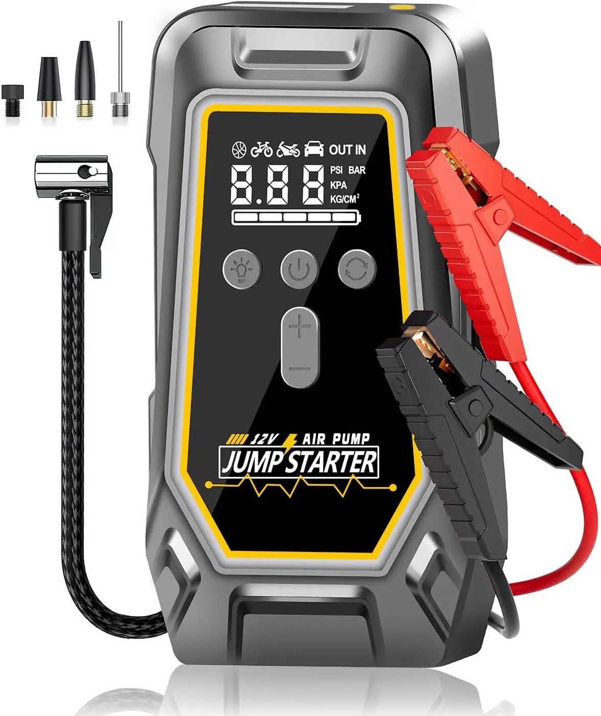 

Jump Starter with Air Compressor - 3X Faster Inflation, 150PSI Portable Tire Pump, Digital Gauge, LED Light, Cordless for Car, M