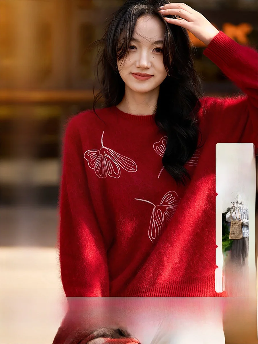 

Ele Camere Knitted Sweater round Ne Embroidered Small Fur Soft Warm Long Sve Women's Faion Spring New Arrival