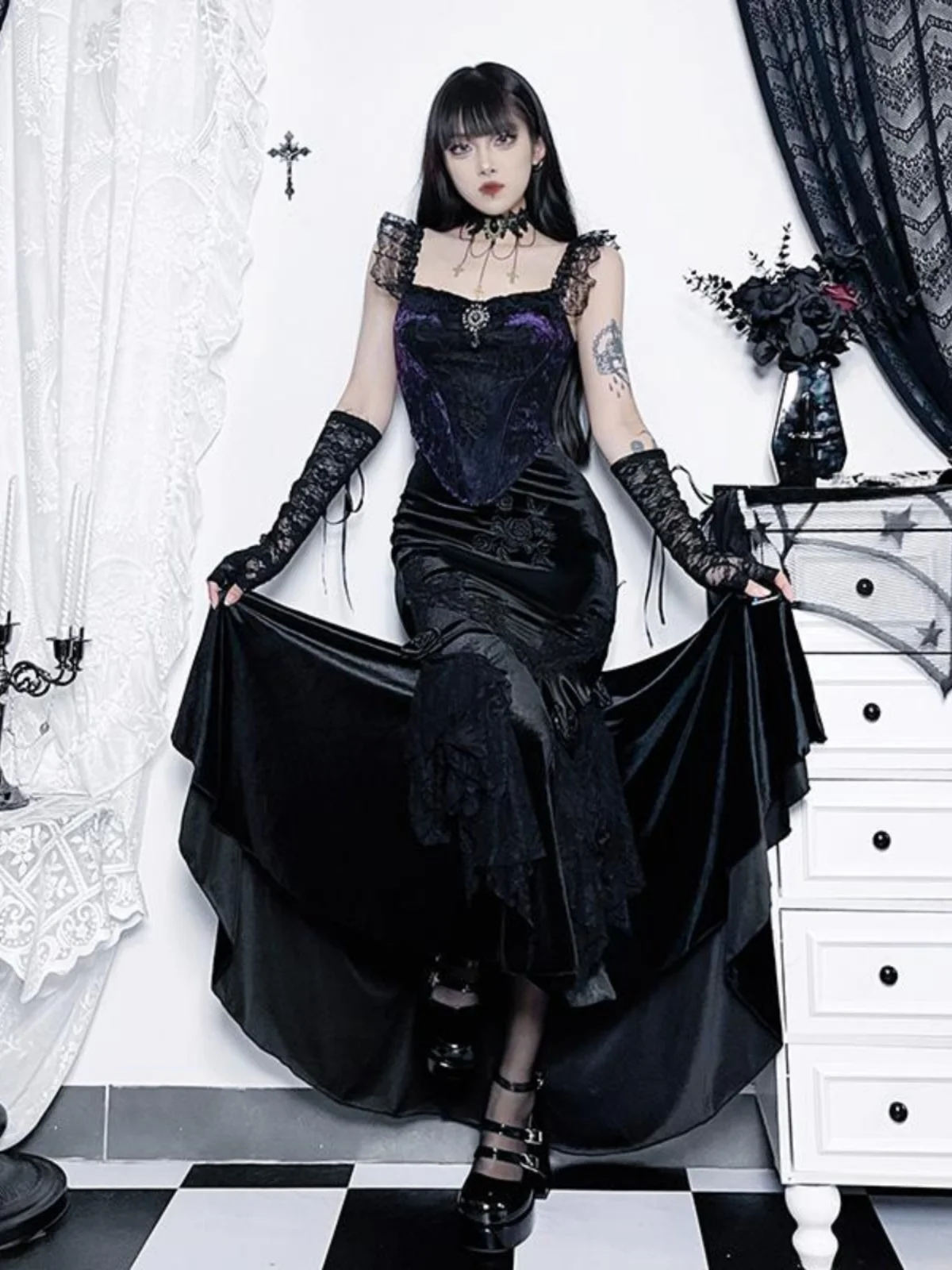 

Gothic loween Costume Set Sexy Spicy Girl Tail Skirt Suit Adult Performance Outfit Polyester Fiber Two-Piece Set Faionable