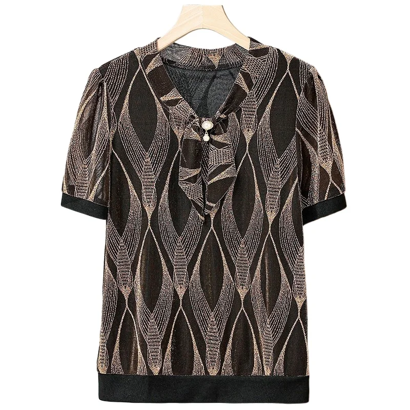 Female Clothing Wave Printed V-Neck Shirt Bandage Summer short sleeved Diamonds Chic Pearl Three-dimensional Decoration Blouse