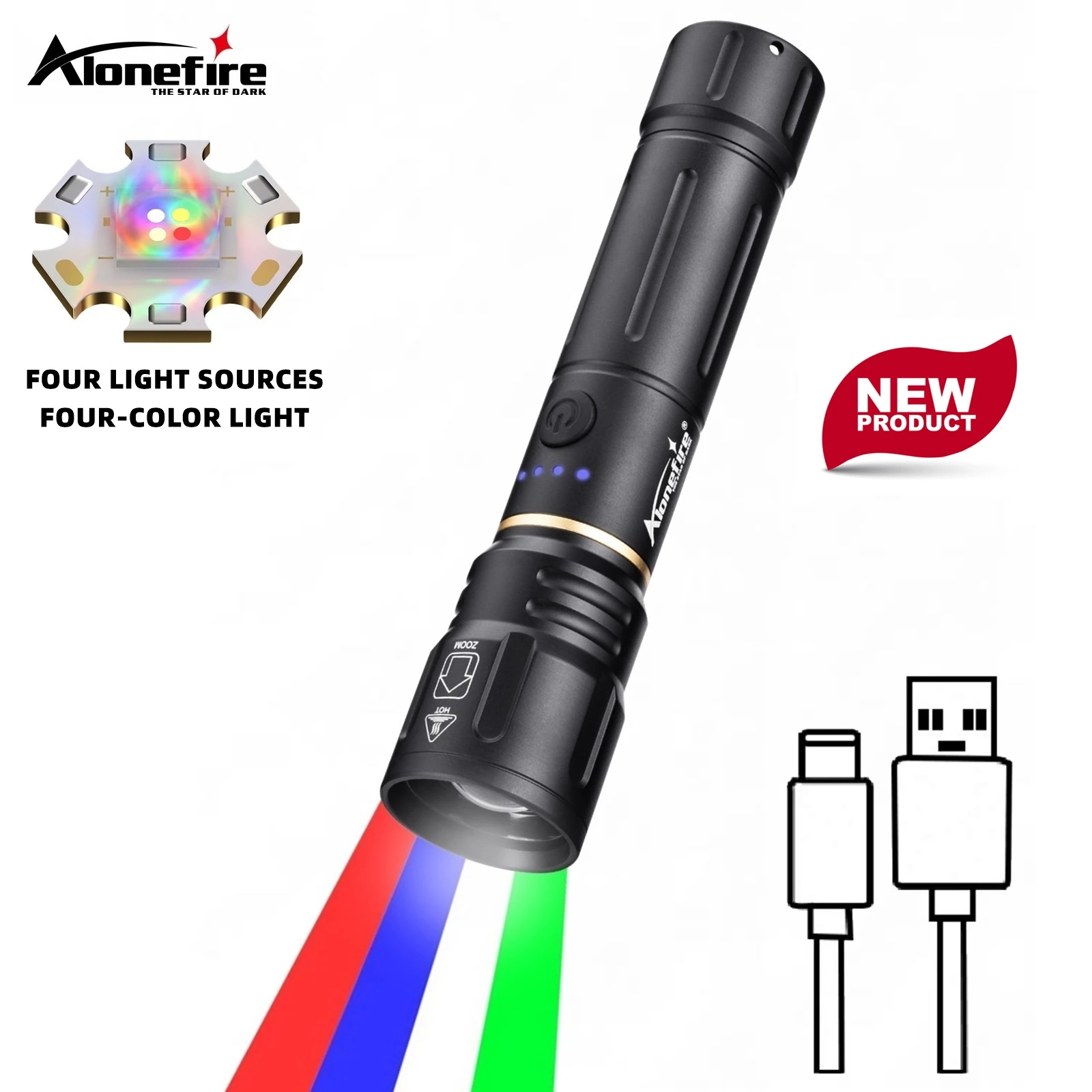 Alonefire Zoom RGB Beam Red Light LED High Power Flashlight USB Rechargeable Torch Camping Outdoor Hiking Hunting Fishing Lamp