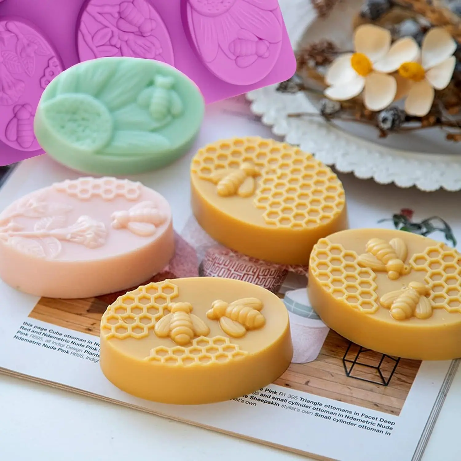 1Piece Oval Bee Silicone Soap Molds 3D Honeycomb Shape Candy Mold 6 Cavity Honeycomb Moulds for Homemade Beeswax Resin Chocolate