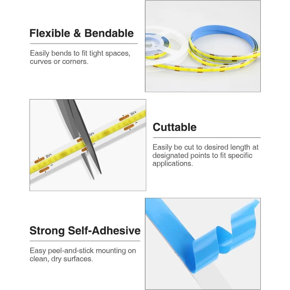 Aclorol 5V COB LED Strip Light 6.56FT 640LEDs Warm White LED TV Backlight with 1M USB Cable Flexible Under Cabinet Tape Light fo