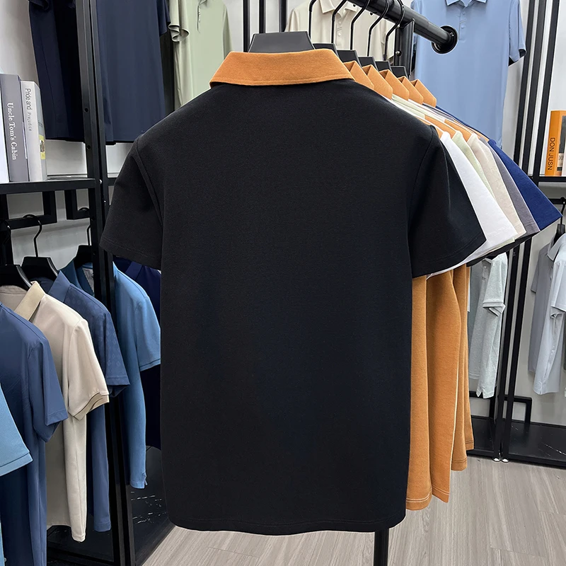 Hochwertiges Marken-Poloshirt aus Seide und Baumwolle mit kurzen Ärmeln bequemes atmungsaktives Herren-T-Shirt Sommer neue Mode Farbblockierung lässiges Oberteil – Detail 7