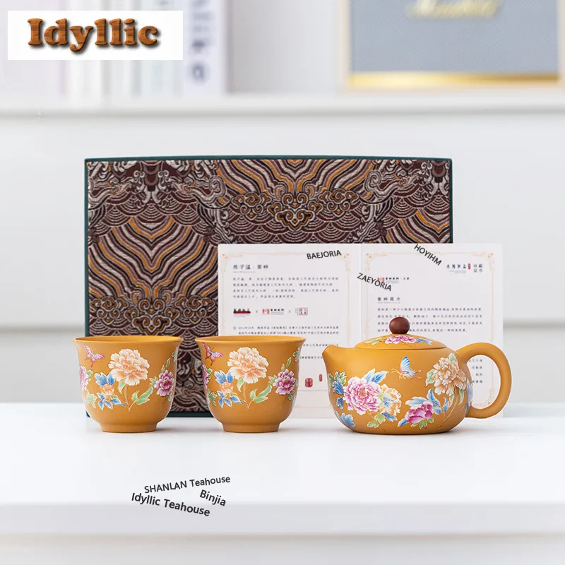 Gelbes Teeservice aus Ton mit Pfingstrosen-Motiv, Komplettes Set, Handgefertigtes Teezeremonie-Set, Teekanne und Teetassen-Set, Teezubehör, Kunsthandwerk