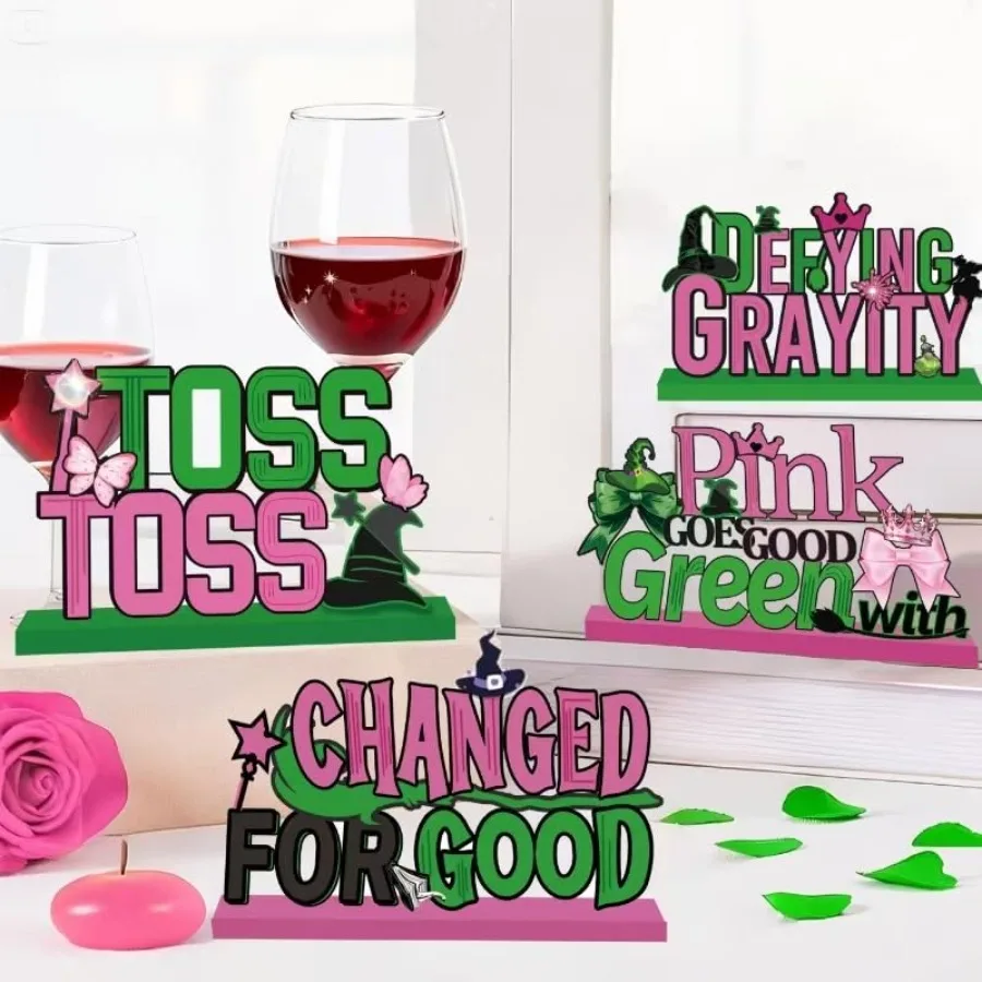4PCS Wooden Wicked Party Decorations Pink and Green Table Centerpiece for Birthday Halloween Christmas Parties Perfect for Wick
