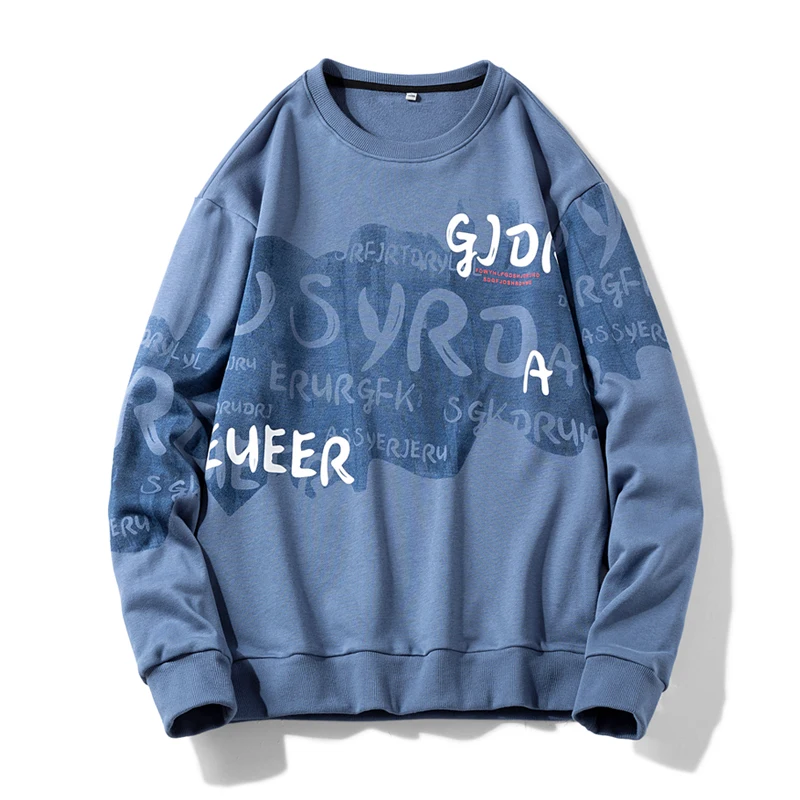 2023 Autumn New Men's Trendy Pullover Round Neck Printed Letter Long Sleeved Hoodies Loose Versatile Bottom Student Casual Tops
