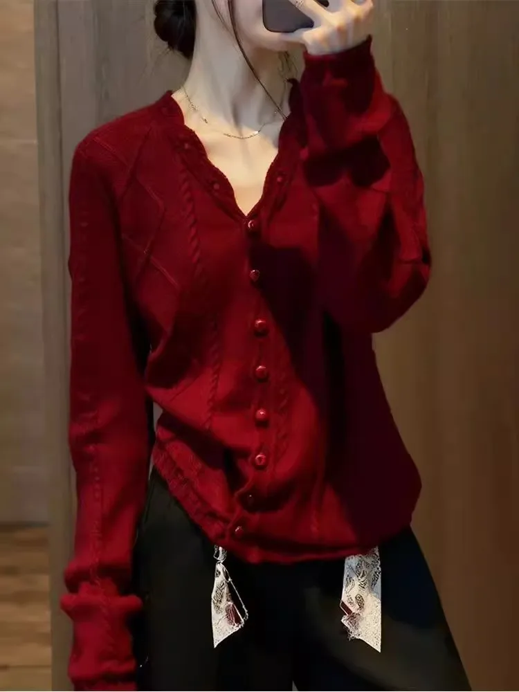 

Red V-Ne Knitwear Loose Women's Base Layer Twist Casual Sle Long Sve Soft Fabric Comfortable Fit Faionable Top