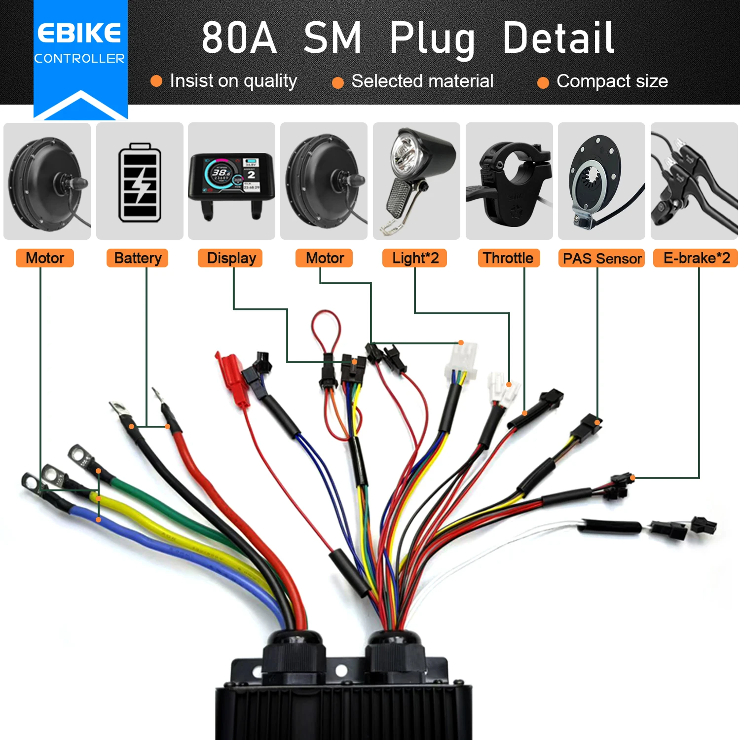 

Electric Bicycle 80A BLDC SineWave/Square wave 3 Mode Controller 48V72V3000W5000W Throttle PAS E-Brake Display for Ebike Scooter