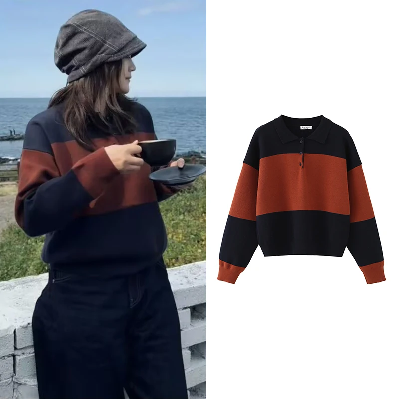 

Knitted Sweater Women's Autumn 2025 New Striped Loose Polo Neck Warm Women's Pullover Sweater Chic Street Youth Knitted Tops