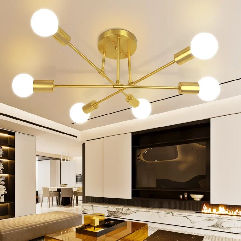 Modern Chandelier, Ceiling Light Fixture Semi Flush Mount 6 Lights Gold Chandeliers Room Bedroom Bulbs Not Included