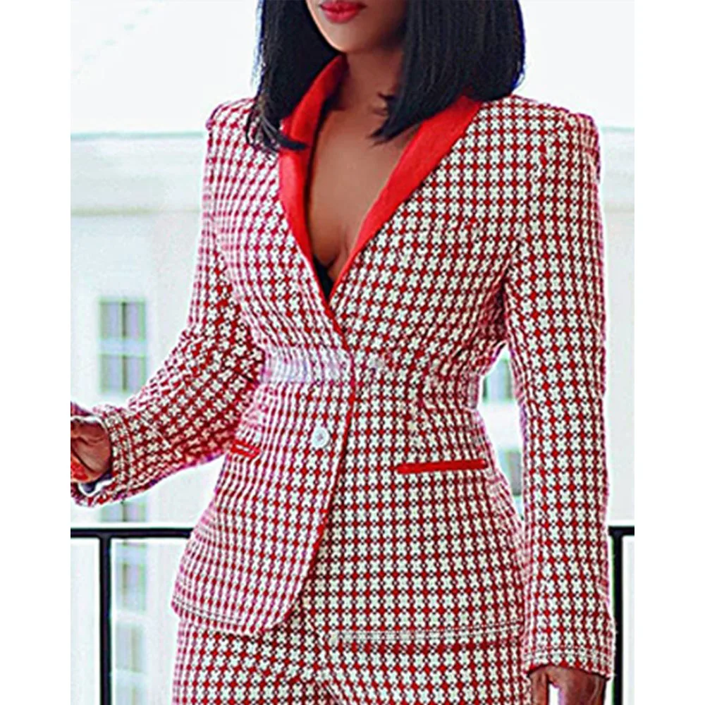 Plus Size Semi Formal Pant Set Red Plaid Lapel Collar Long Sleeve Two Piece Pant Set