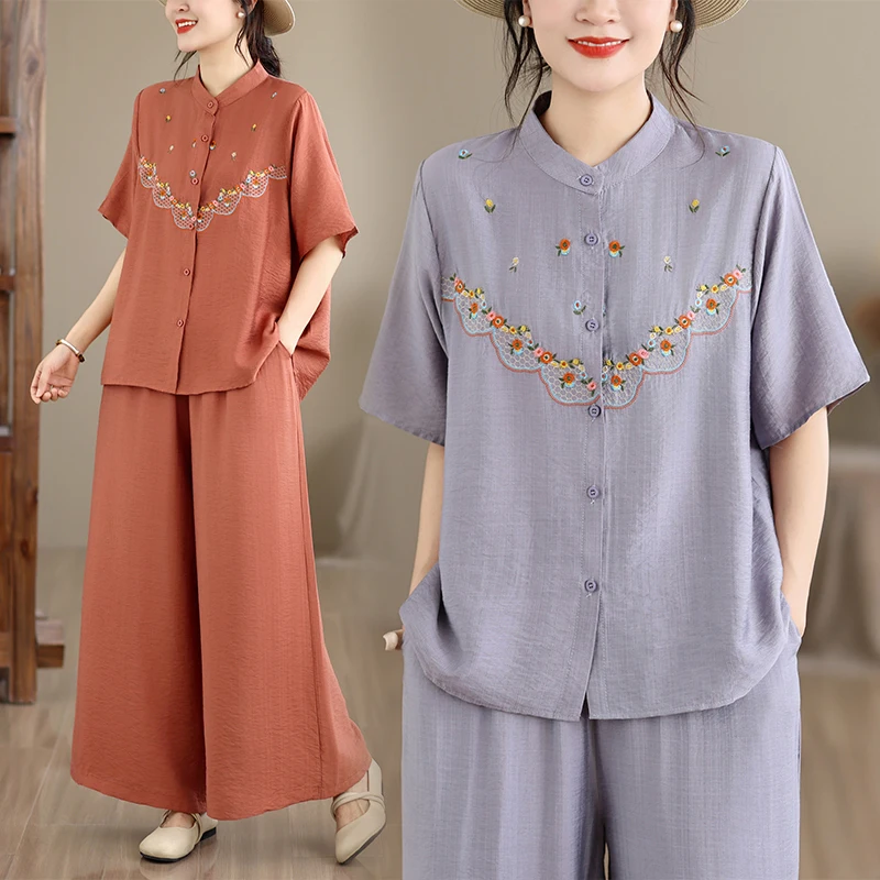 

Ladies Cotton Linen Embroidered Loose Short Sleeve Two Piece Set Summer Fashion Slimming Ensemble Open Cardigan Style Univers...