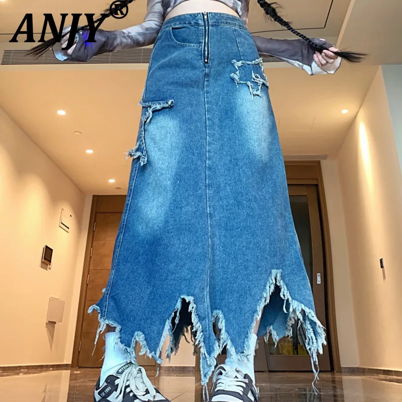 

ANJY Autumn New Women Chic Skirt Washed Denim Patchwork Burr Hem Asymmetrical High Waist Streetwear Elegant Fashion Skirts A9700