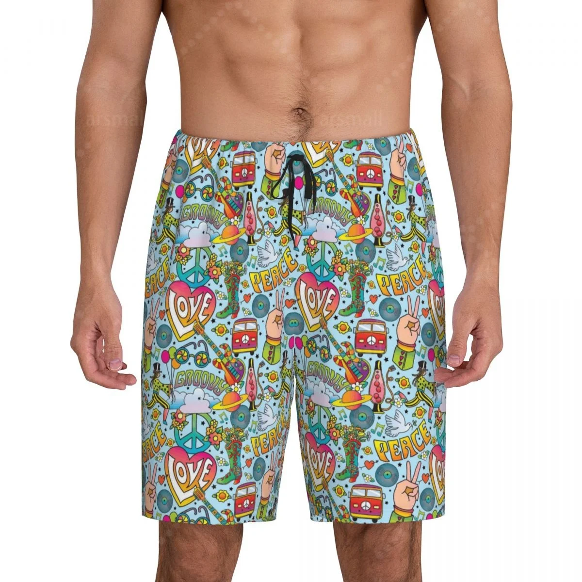 

HIPPIE VAN Peace Love Men's Cool Flat Horn Shorts Street Stretch Shorts Beach Shorts Daily Wear Underwear Sleepwear