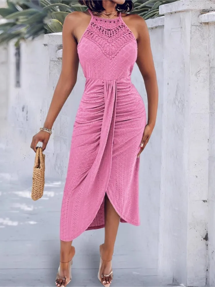 

New Spring Summer Women's Sexy Casual Halter Neck Sleeveless Irregular Dress Fashionable Simple Solid Color Irregular Dresses